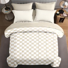 Plaid Checkerboard Grid Geometric Beige Comforter Set 7 Pcs Queen Size Quilt,...