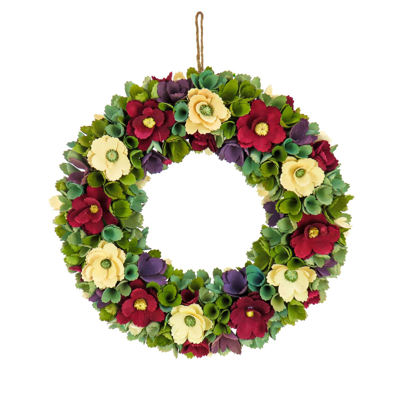 18 in. Spring Wreath with Red and Cream Assorted Wood Cut Flowers, Flowing Green