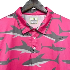 Obnoxious Golf Mens Sz Medium Hot Pink Sharks Performance Stretch Polo Shirt euc