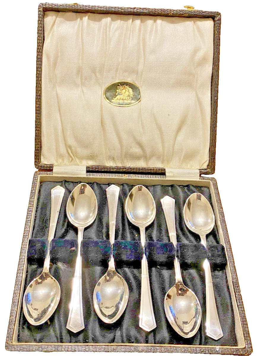 Boxed Sheffield Art Deco 6 Piece Silver Plated Tea Spoon Set