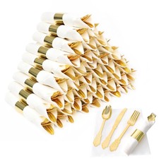 50 Pack Pre Rolled Gold Plastic Silverware Set Napkin Fork Spoon Knife Party