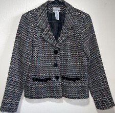 Perceptions Petite Retro Textured Bow Long Sleeve Tweed Womens Jacket Blazer 8P