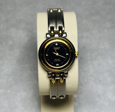 Omax 32mm Women s Gold Tone Watch   Black Dial Diamond Accent   New Battery