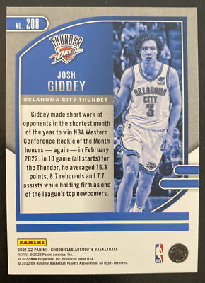 2021-22 chronicles Josh Giddey Absolute 208 | eBay