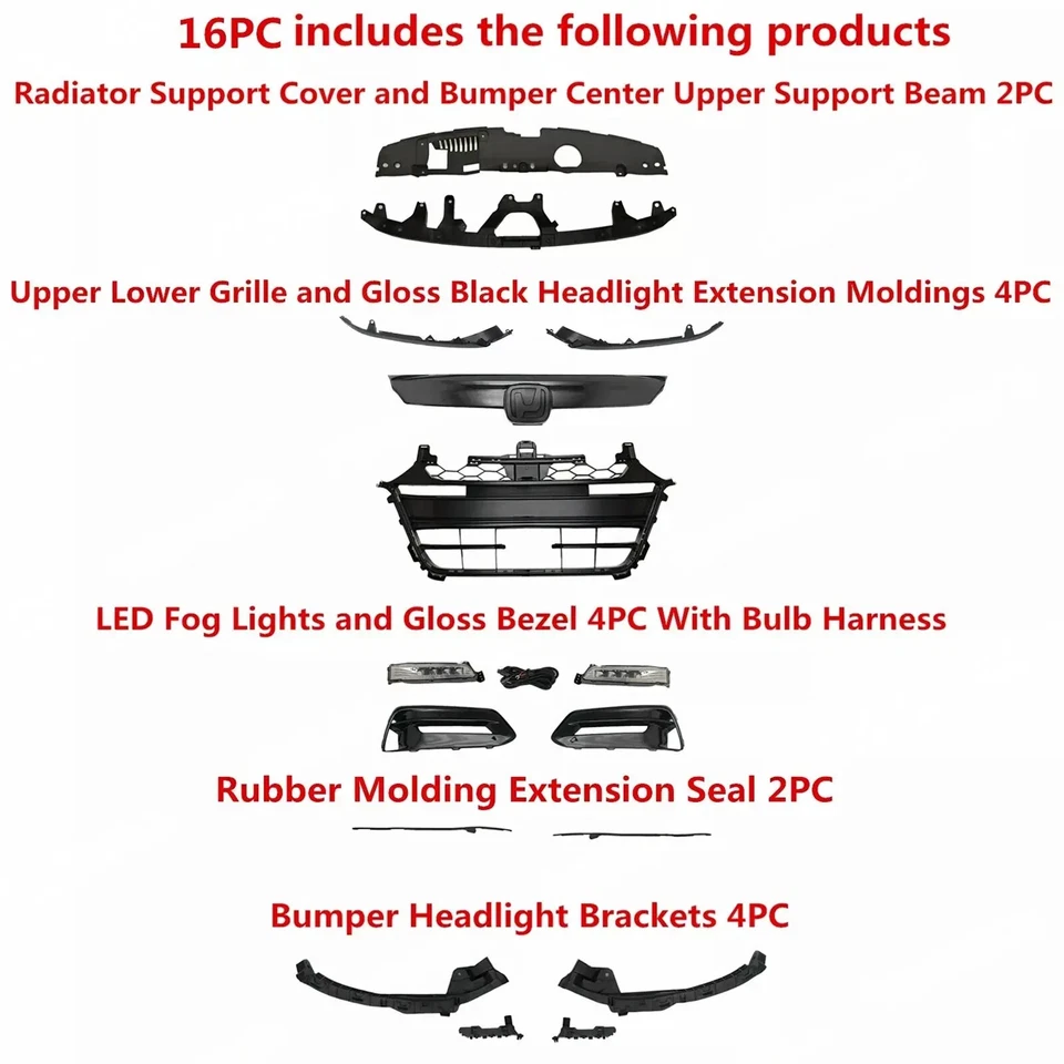 16PCS For Honda Accord 2018-2020 Grille Molding Fog Light Bumper Brackets Black - Image 2 of 4