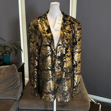 Men  s Slim Fit Black  Gold Velvet Dress Jacket Blazer Notched Lapel Size 38 NWT