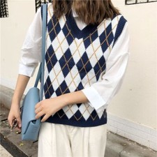 Women Knit Waistcoat Gilet Tank Plaid Check JK Vest V-neck Sleeveless Sweater