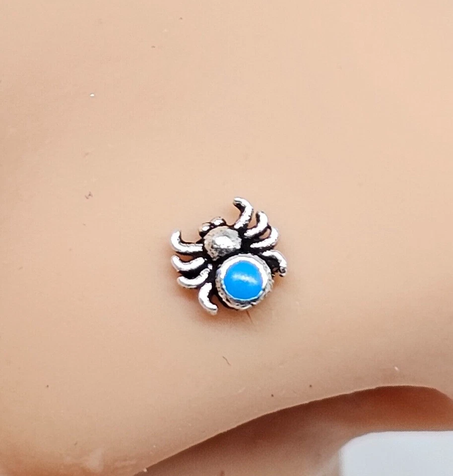Borchia naso ragno smalto blu 22 g (0,6 mm) argento 925 piercing estremità a ... - Immagine 2 di 4