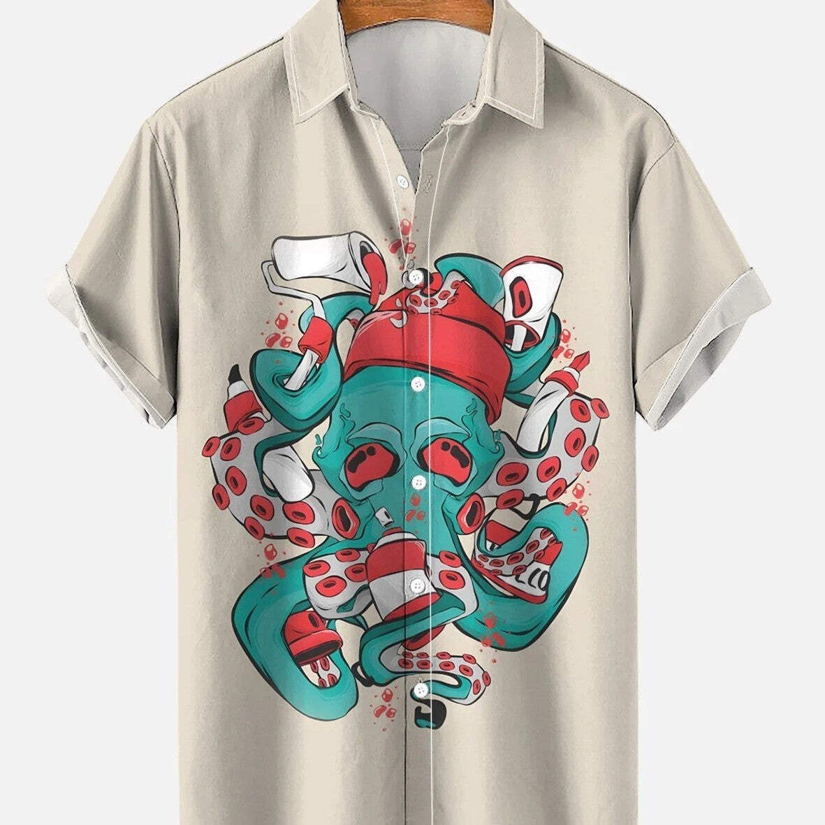 Men's Short Sleeve Polo Shirt with Colorful Octopus Sea Life Pattern for Beach C