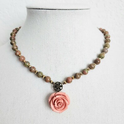 Unakite Beads Stone Rose Pendant Necklace Handmade Artisan Brass Glass 18''