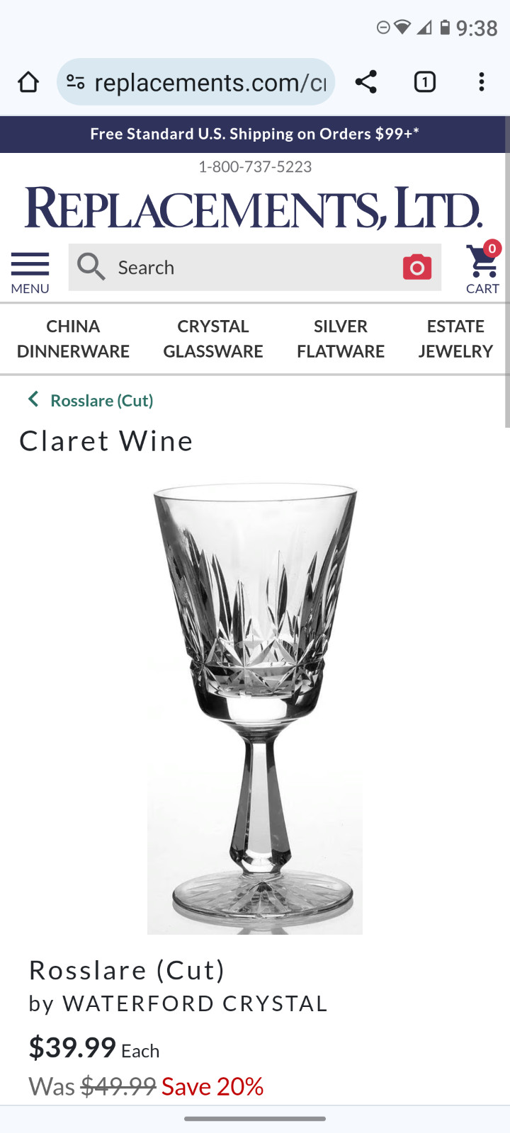 Waterford Wine Glasses - Set of 2 Waterford Crystal Rosslare Claret wine glasses