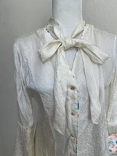 ROBERT GRAHAM XS womens silk bamboo bell sleeve tie neck blouse