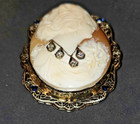 14K Gold Cameo Filigree Multi Diamond Necklace Sapphires Brooch Pendant — photo 5