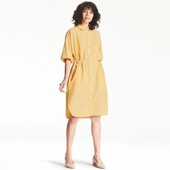 UNIQLO Womens S Yellow 3/4 Sleeves Cinched Waist Cotton Linen