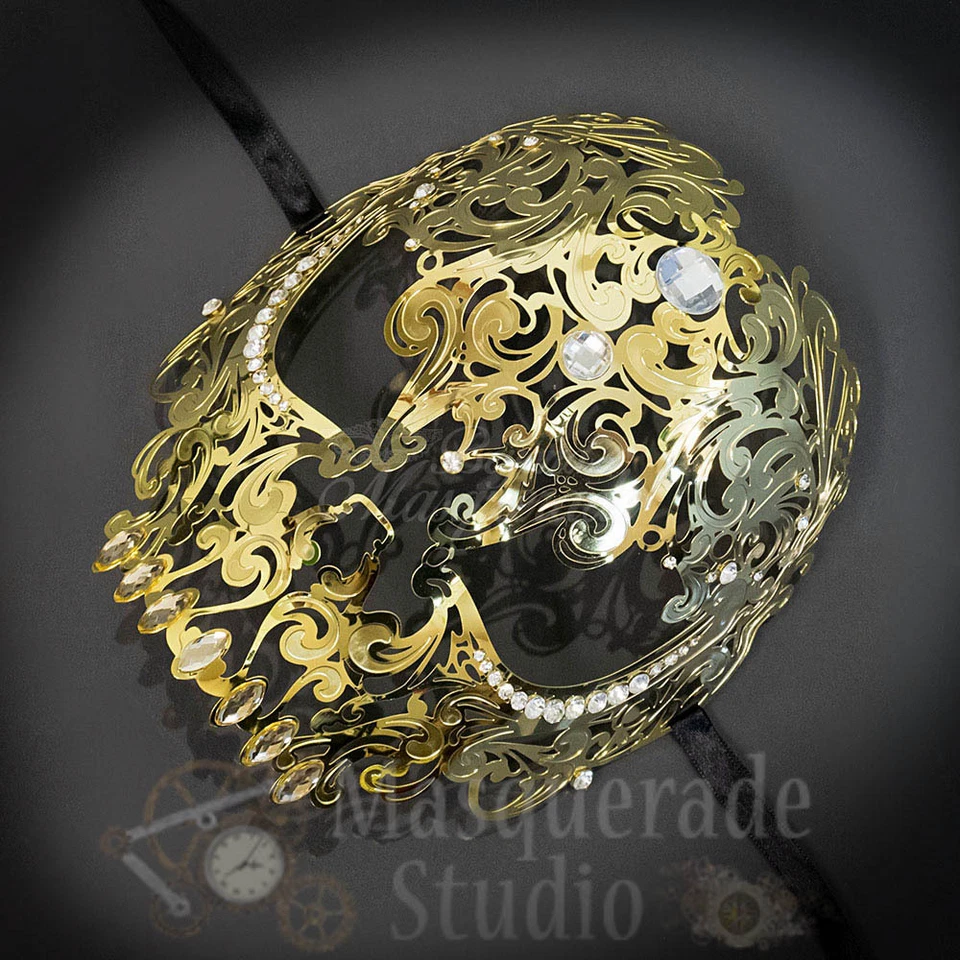 Womens Full Skull Phantom Day of the Dead Halloween Masquerade Mask [Gold] - Image 3 of 4