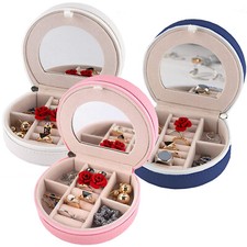 Portable Round Jewelry Earring  Ring Storage Case w/ Compartment Organizer