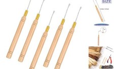 JFFX 5 Pcs Hair Extension Loop Needle Threader Wooden Pulling Hook Crochet