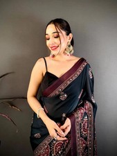 Women Soft Georgette Ajrakh Print Mirror Work Saree with Unstitched Blouse Piece