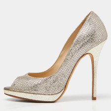 Jimmy Choo GoldSilver Glitter and Leather Luna Peep Toe Pumps Size 38.5