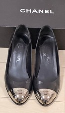 CHANEL Pumps Metal Cap Leather Black Women's Size EU38/US7.5