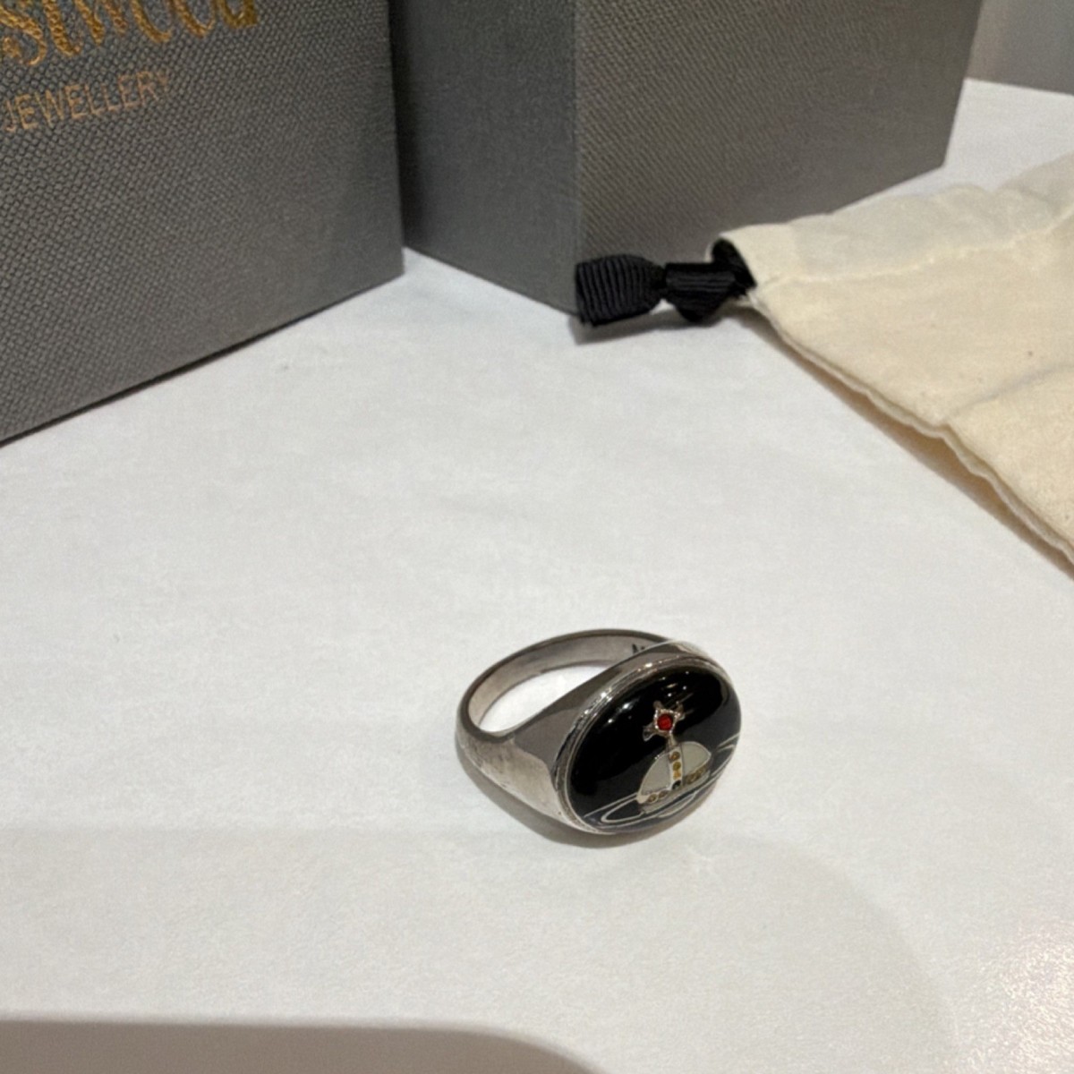 Vivienne Westwood Silver Signet Ring Black Orb Logo with Box and