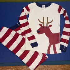 Hanna Andersson Reindeer Red cream Stripe Boy Girl Pajama Set top/10 bottom/12