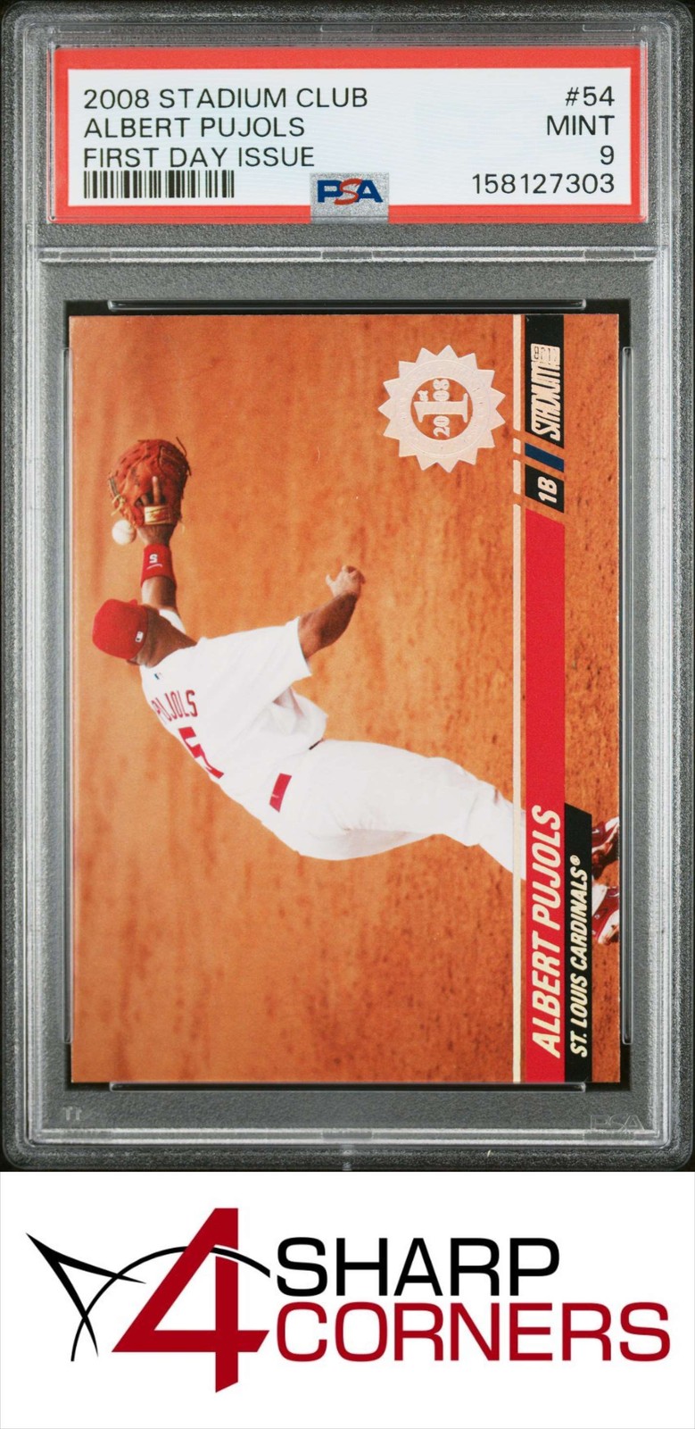 2008 STADIUM CLUB #54 ALBERT PUJOLS CARDINALS FIRST DAY ISSUE POP 2 PSA 9