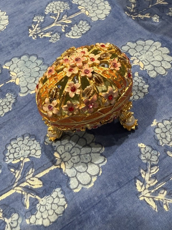 Gorgeous Versailles Egg Shape Enamel Trinket Box with Flowers Orange Green Gold