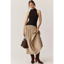 New Anthropologie Maeve Mariana Drop-Waist Maxi Dress $168 X-LARGE Black & Tan