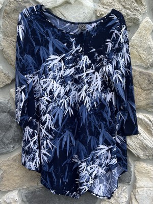 Clara Sun Woo Tunic Top Sz S Blue Palm Print Beach Coastal Vacation Lightweight
