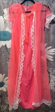 Vintage Hot Pink Sheer Gauzy Nylon Lace Long Nightgown Robe Sz M
