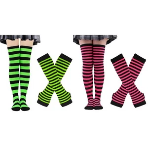 4 Pairs Womens Striped Arm Warmers Goth Y2K Knitted 2 Sets Pink+neon Green - Picture 1 of 7