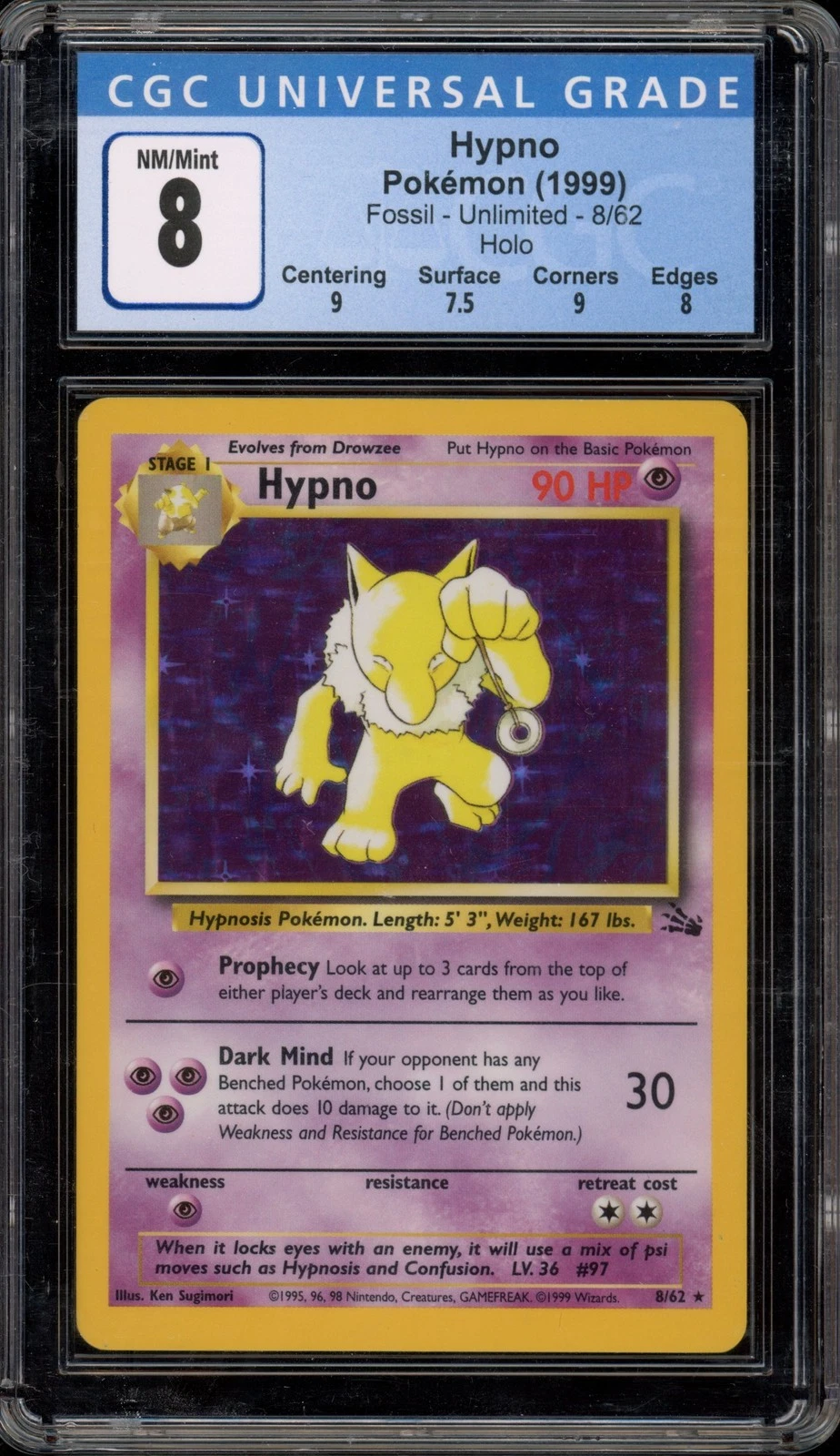 Pokemon Hypno Fossil Unlimited Holo Rare #8 CGC 8