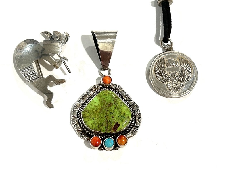 Native American Sterling Silver Green Turquoise Pendant Lot - SILVERMINE MFG 40g