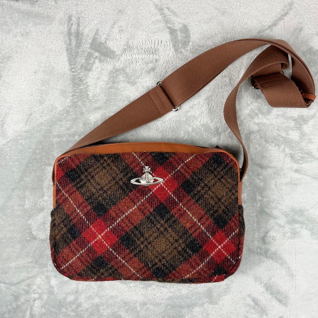 Vivienne Westwood Tartan Check Wool Leather Shoulder Bag Women Camera Bag Case