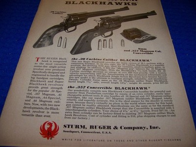 1968 RUGER BLACKHAWK .30/.357 PISTOLS ''NEW''...1-PAGE ORIGINAL SALES AD (365PP)