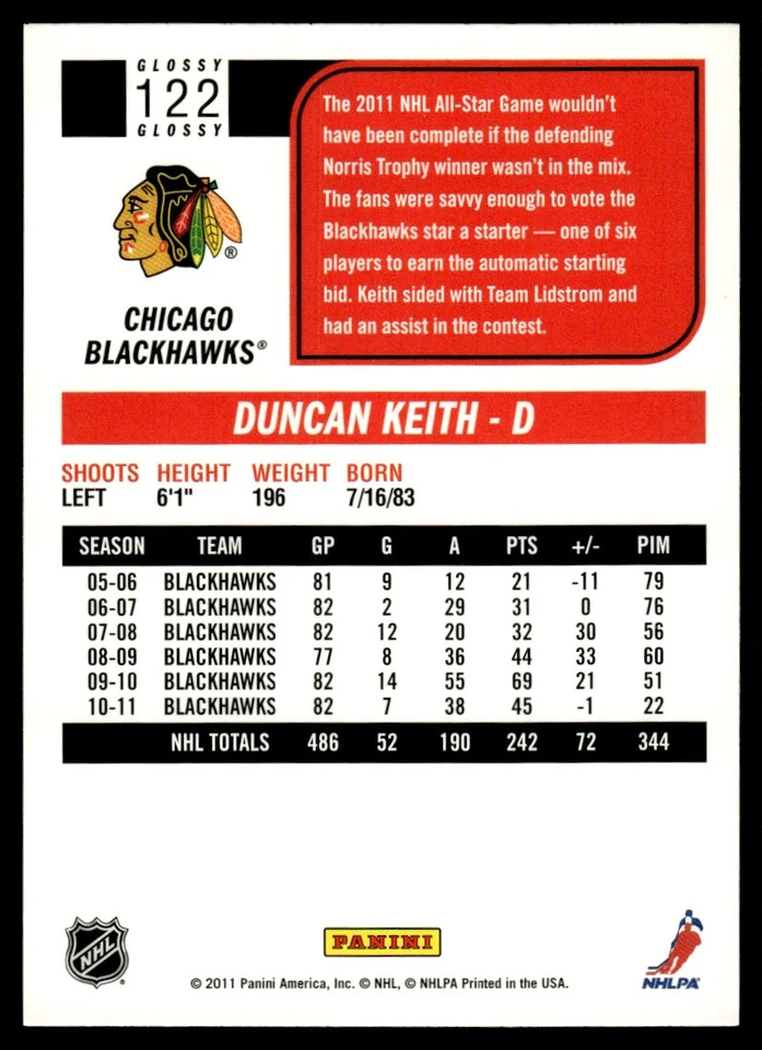 2011-12 Score Glossy Duncan Keith Chicago Blackhawks #122 - Image 2 of 2