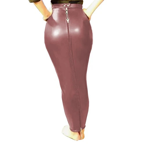 Sexy Women PU Leather High Waist Full Zip Lockable Sissy Hobble Pencil Skirts - Picture 9 of 32
