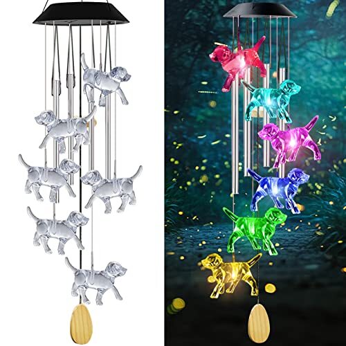 Dog Solar Wind Chimes with 4 Music Aluminum Tubes, Dog Wind Chimes Dog Crystal