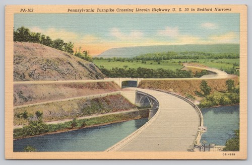 Pennsylvania Turnpike Crossing Lincoln Highway Bedford Narrows Linen Postcard