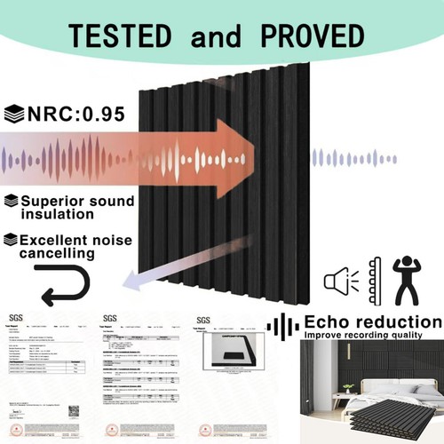 4 Pcs 60 x 60cm Wall Panel Wood Slat Acoustic Panels Sound Absorbing Panel Black - Picture 3 of 6