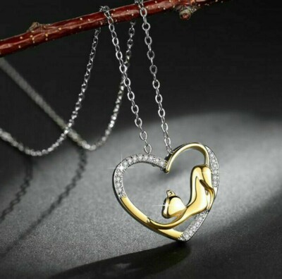 Round Cut Diamond Heart Cat Pendant 14K Yellow Gold Finish
