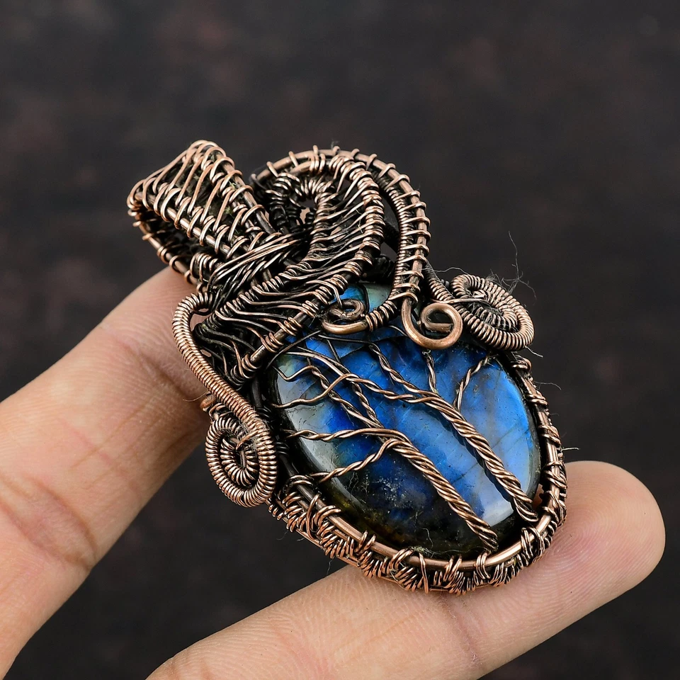 Уникальный кулон из проволоки лабрадорита с деревом жизни ручной работы из меди 2,68 дюйма - Изображение 2 из 4