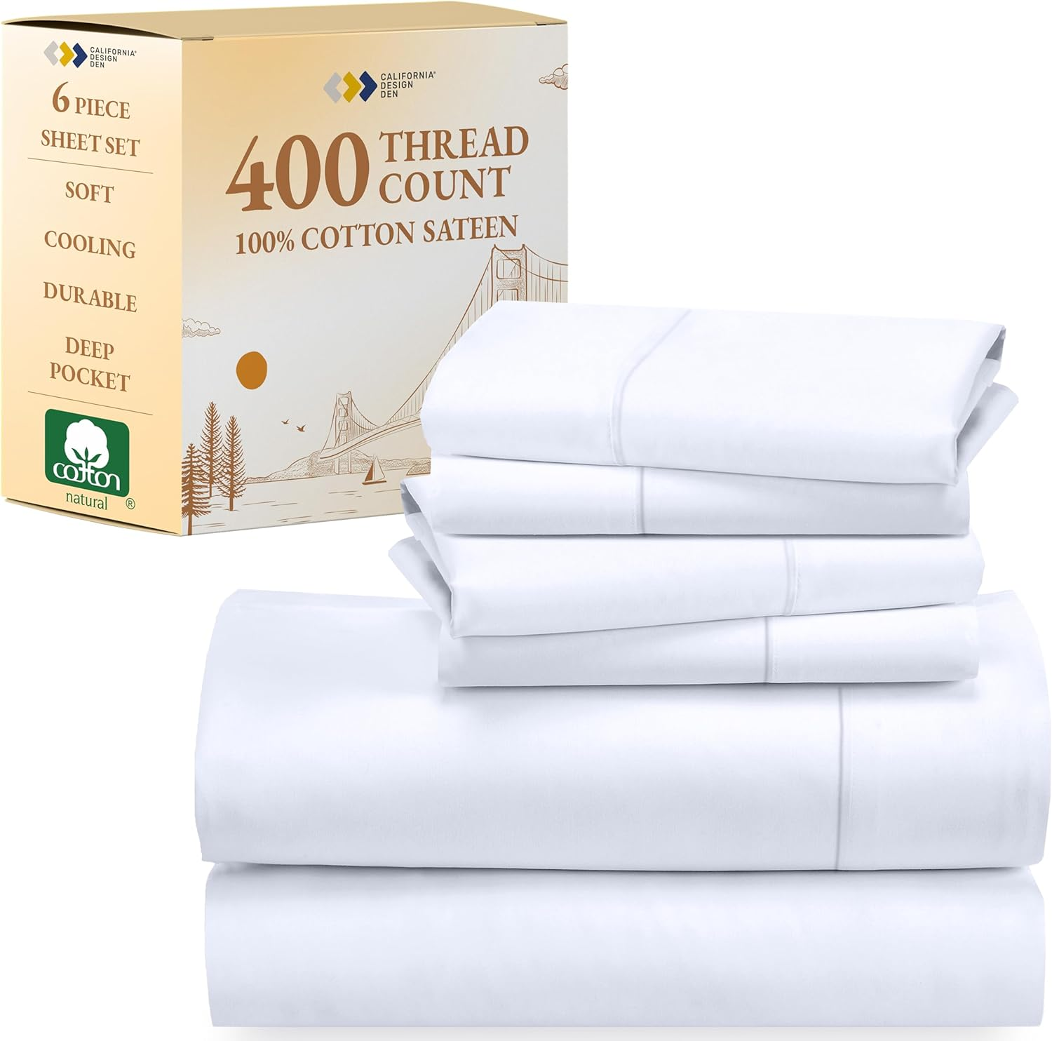 6-Pc Queen Size Sheet Set with 4 Pillowcases - 400 Thread Count 100% Cotton Shee
