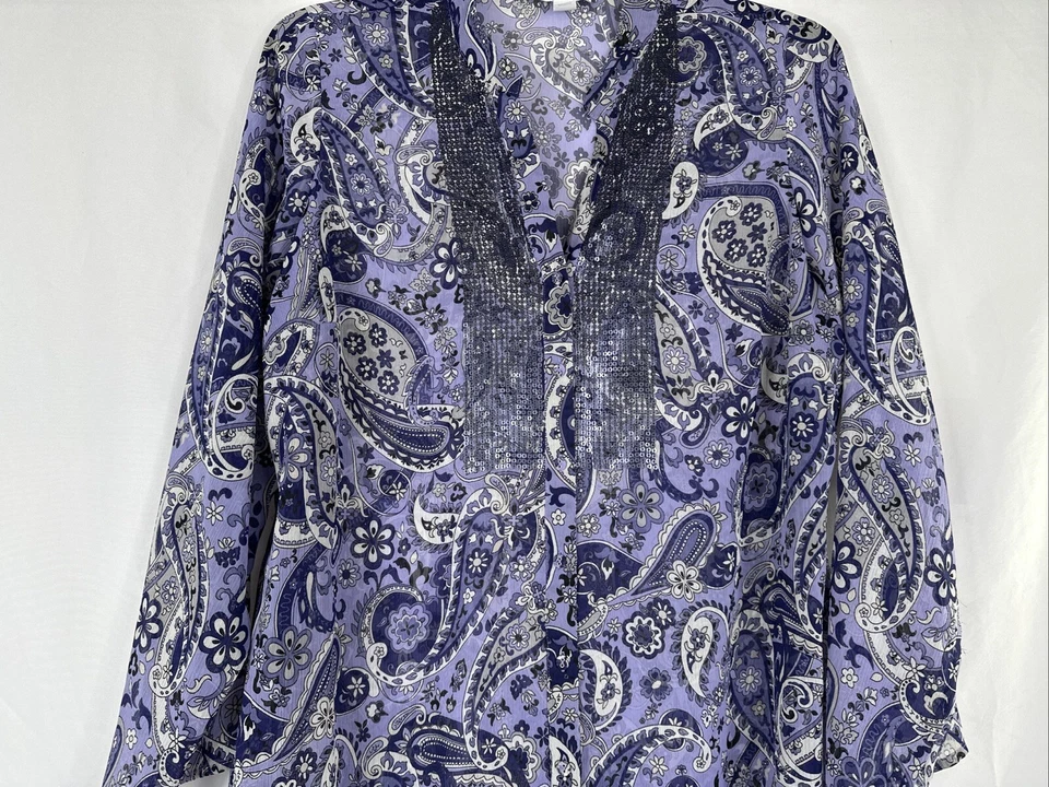 Top túnica Charter Club con botones delanteros para mujer talla 18W púrpura cachemira floral transparente Foto 3 de 4