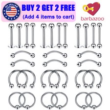 30PCS Mixed Body Piercing Kit Surgical Steel Tongue Eyebrow Nose Lip Ring 16G