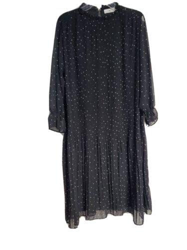 Oak +fort Women's Dress Small Black White Dots Long Sleeves mock neck Pleat
