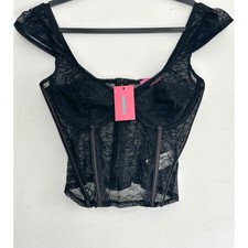 Edikted Rita Black Lace Corset Top Flutter Sleeve Bustier Med NWT Night Out Y2K