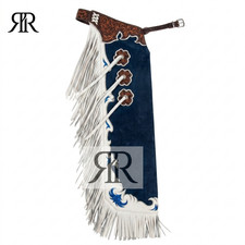 Bull Riding Pro Rodeo Chaps Blue Smooth Leather Bronco Show Adult fringe chap