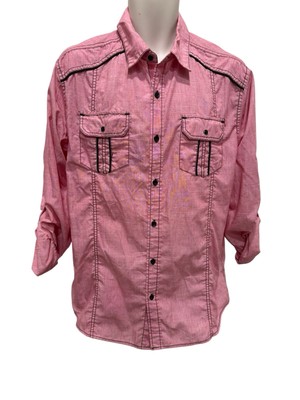 Carbon Mens Large Pink Pearl Snap Western Shirt Black Trim/Stitching Roll Tab